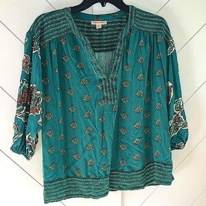 Knox Rose teal Print Long Sleeve blouse Size L